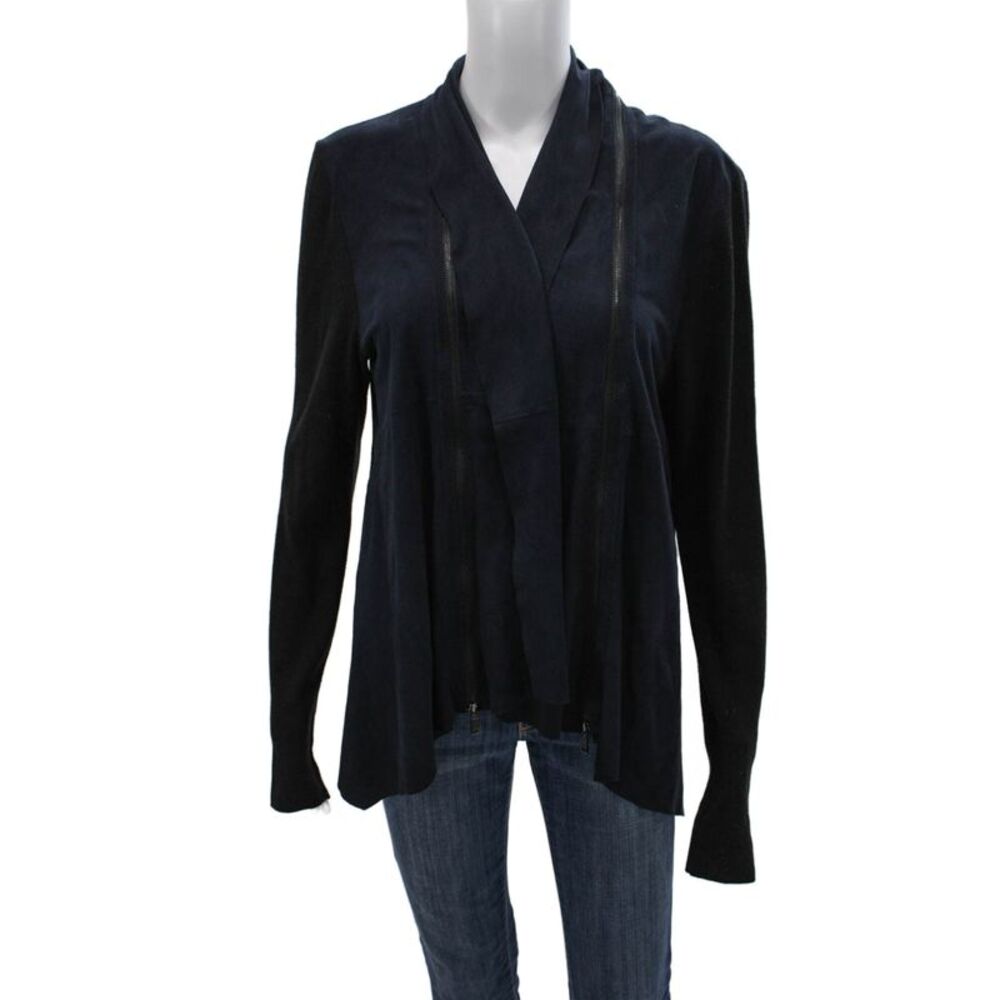 Designer Women Cardigan Goat Suede V-Neck Zip Front Blue Size L